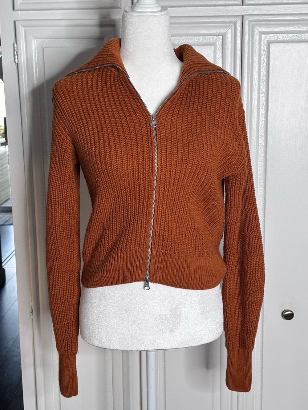 Everlane Organic Cotton Ribbed Zip-Up Sweater Jacket XXS Rust Brown